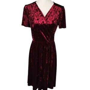 Mikarose Romantic Crushed Velvet Faux Wrap Burgundy Midi ALine Dress Sz S